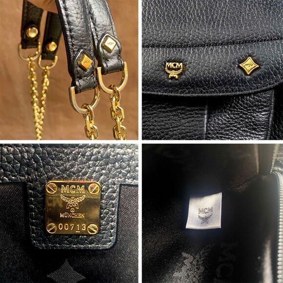 MCM Black Pebbled Leather Logo Charm Studded Convertible Chain Strap Flap Bag - Picture 16 of 16